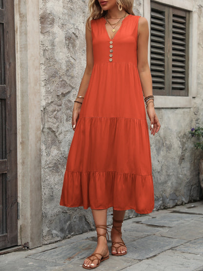 Decorative Button Notched Sleeveless Dress