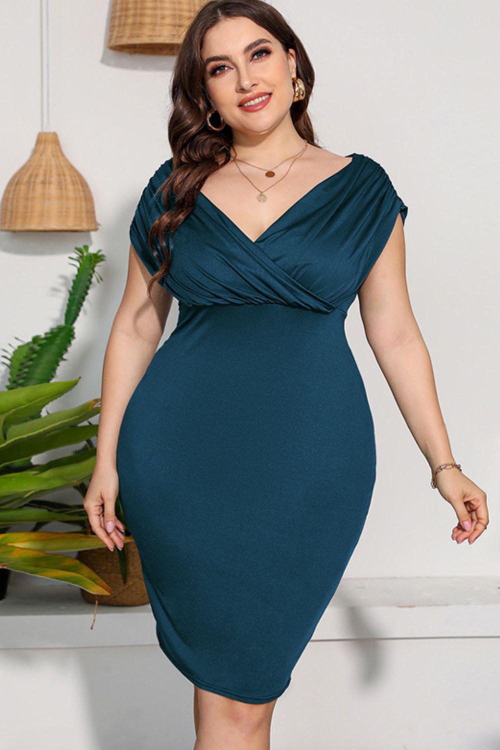 Plus Size Ruched V-Neck Dress