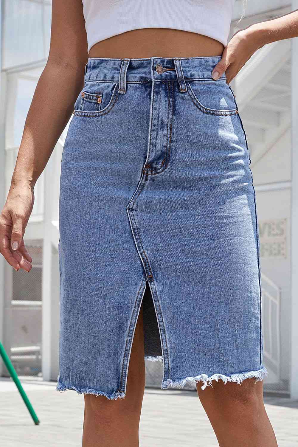 Buttoned Slit Denim Skirt