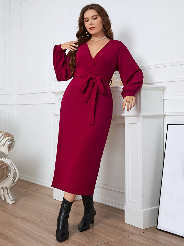 Plus Size Surplice Neck Tie Waist Dress