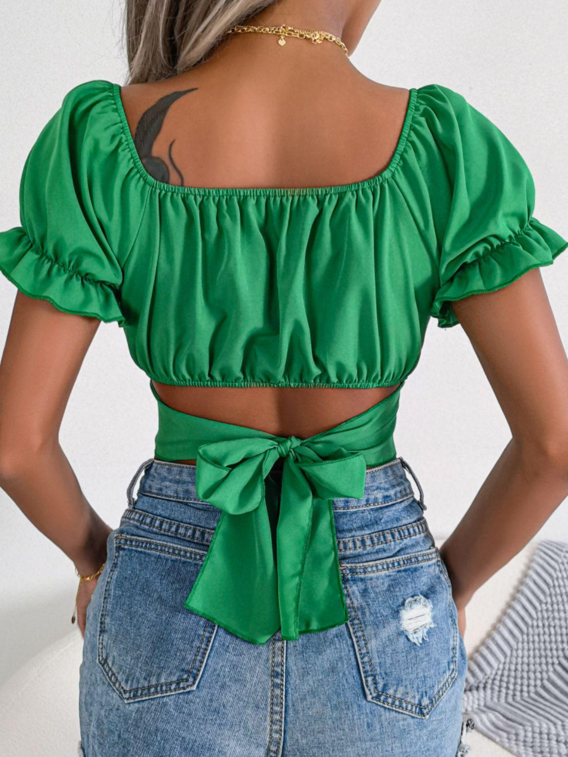 Square Neck Crisscross Flounce Sleeve Cropped Top - Square Neck Crisscross Flounce Sleeve Cropped Top