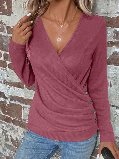 Surplice Button Detail Long Sleeve Blouse