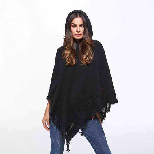 Openwork Fringe Hem Hooded Poncho