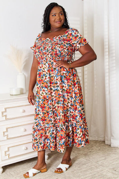 Double Take Plus Size Floral Smocked Square Neck Dress