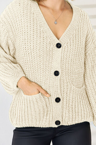 Pocketed Button Up Dropped Shoulder Cardigan