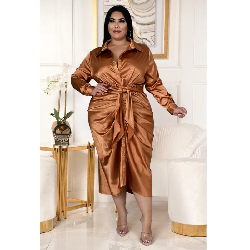 Elegant Satin Shirt Dress Plus Size Midi Dress for Evening Parties - Elegant Satin Shirt Dress Plus Size Midi Dress for Evening Parties