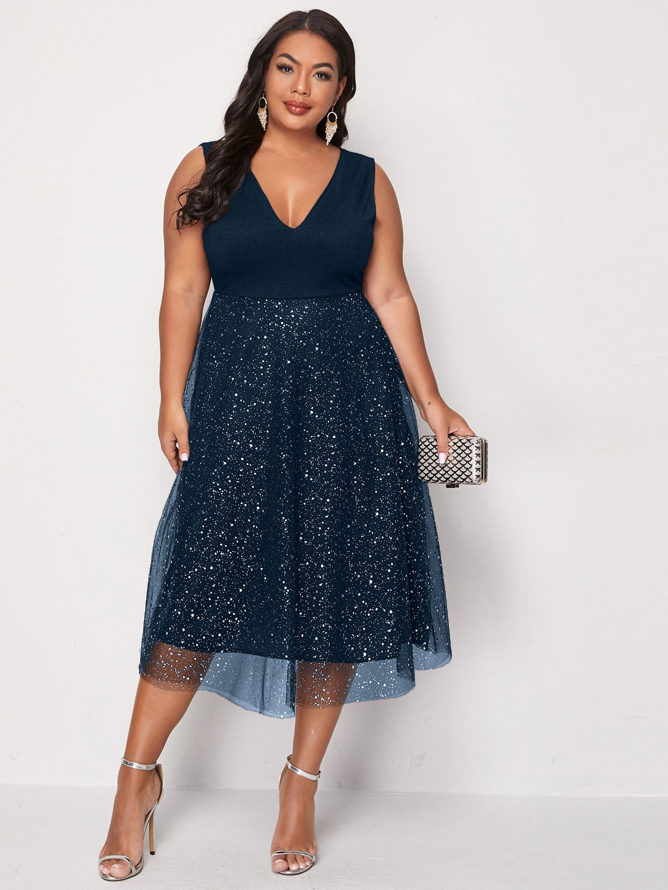 Elegant Plus Size Midi Dress Blue Chiffon for Summer/Autumn Events - Elegant Plus Size Midi Dress Blue Chiffon for Summer/Autumn Events