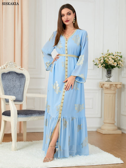 Dubai Printed Abaya Long Sleeve V-Neck Kaftan Dress with Belt - Dubai Printed Abaya Long Sleeve V-Neck Kaftan Dress with Belt