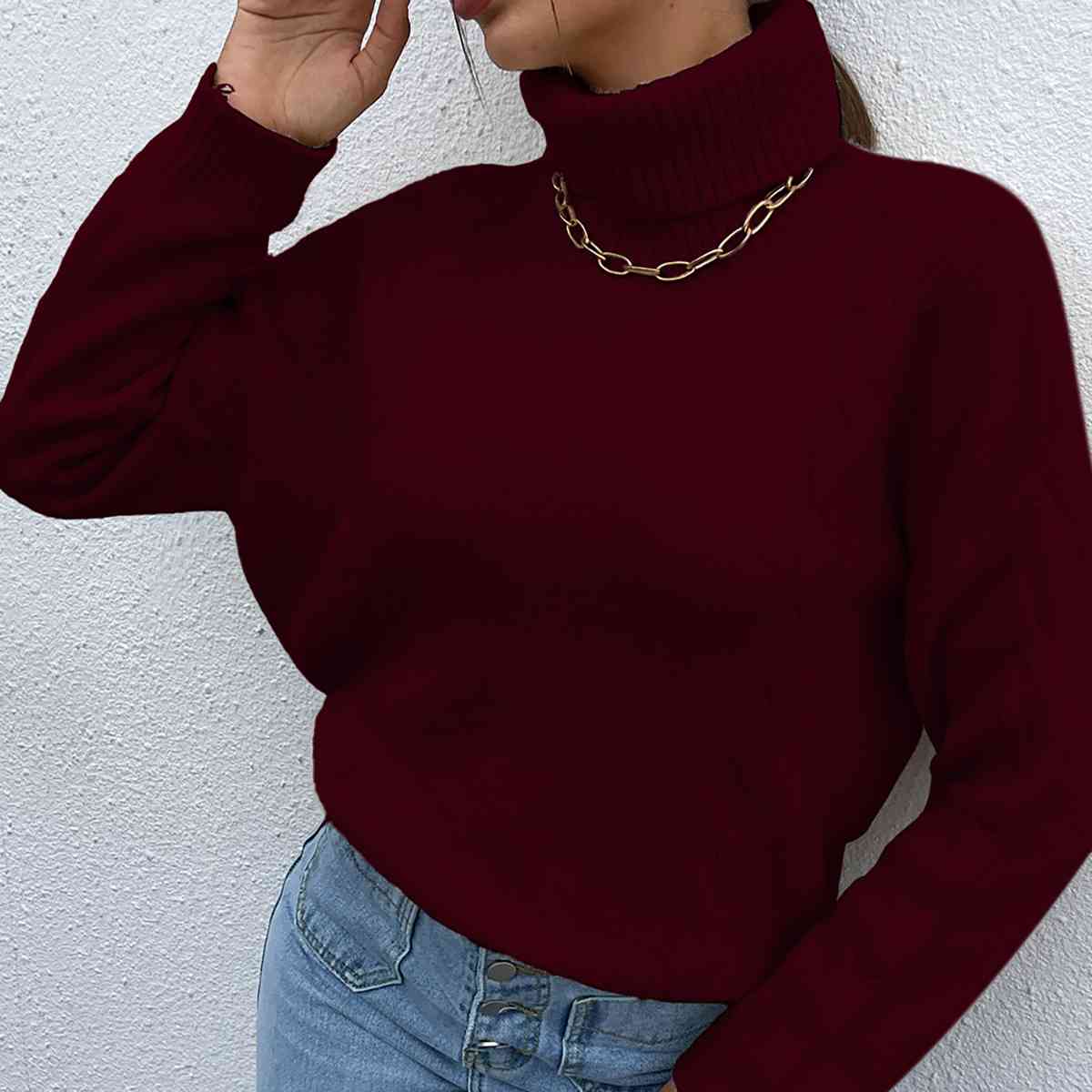 Turtleneck Dropped Shoulder Long Sleeve Sweater