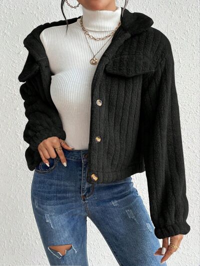 Fuzzy Button Up Collared Neck Jacket