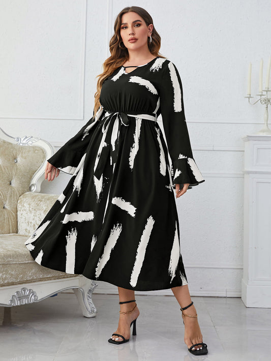 Melo Apparel Plus Size Printed Tie Belt Flare Sleeve Round Neck Midi Dress