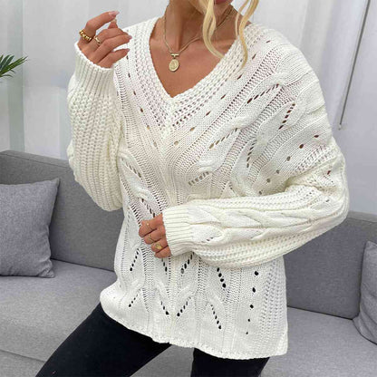 Openwork V-Neck Long Sleeve Sweater